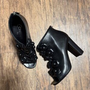 CHANEL Black Floral Peep-Toe Booties